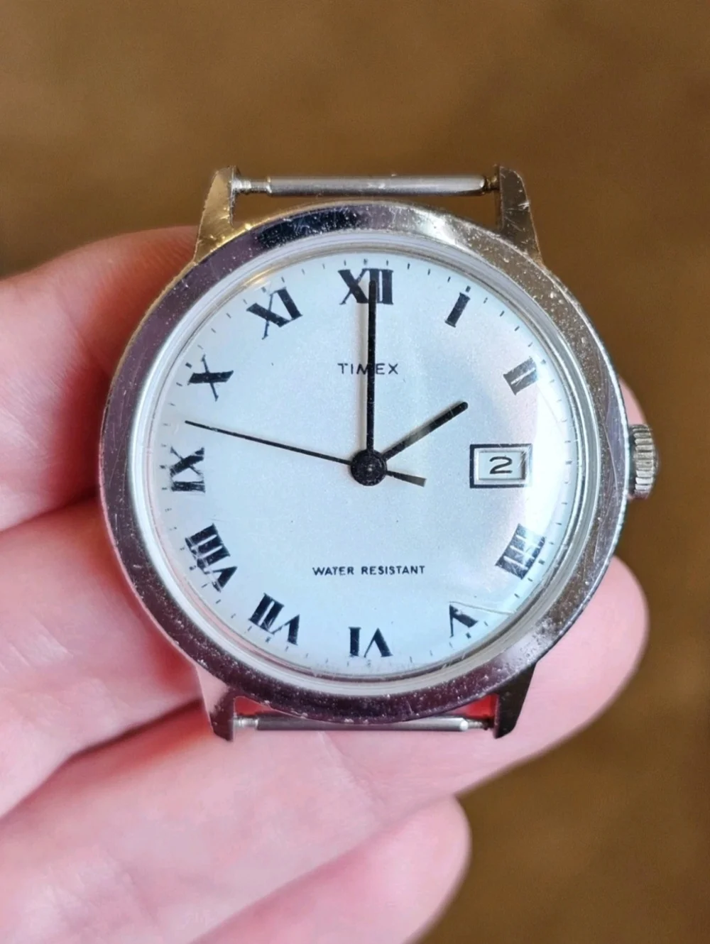 Vintage 73 Timex Marlin Watch Unique Iridescent White Dial Silver Case 34mm Date